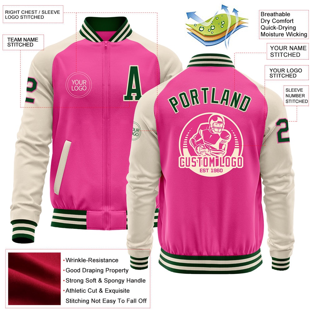 Custom Pink Green Cream Bomber Varsity Baseball Jacket, Custom Team Jacket
