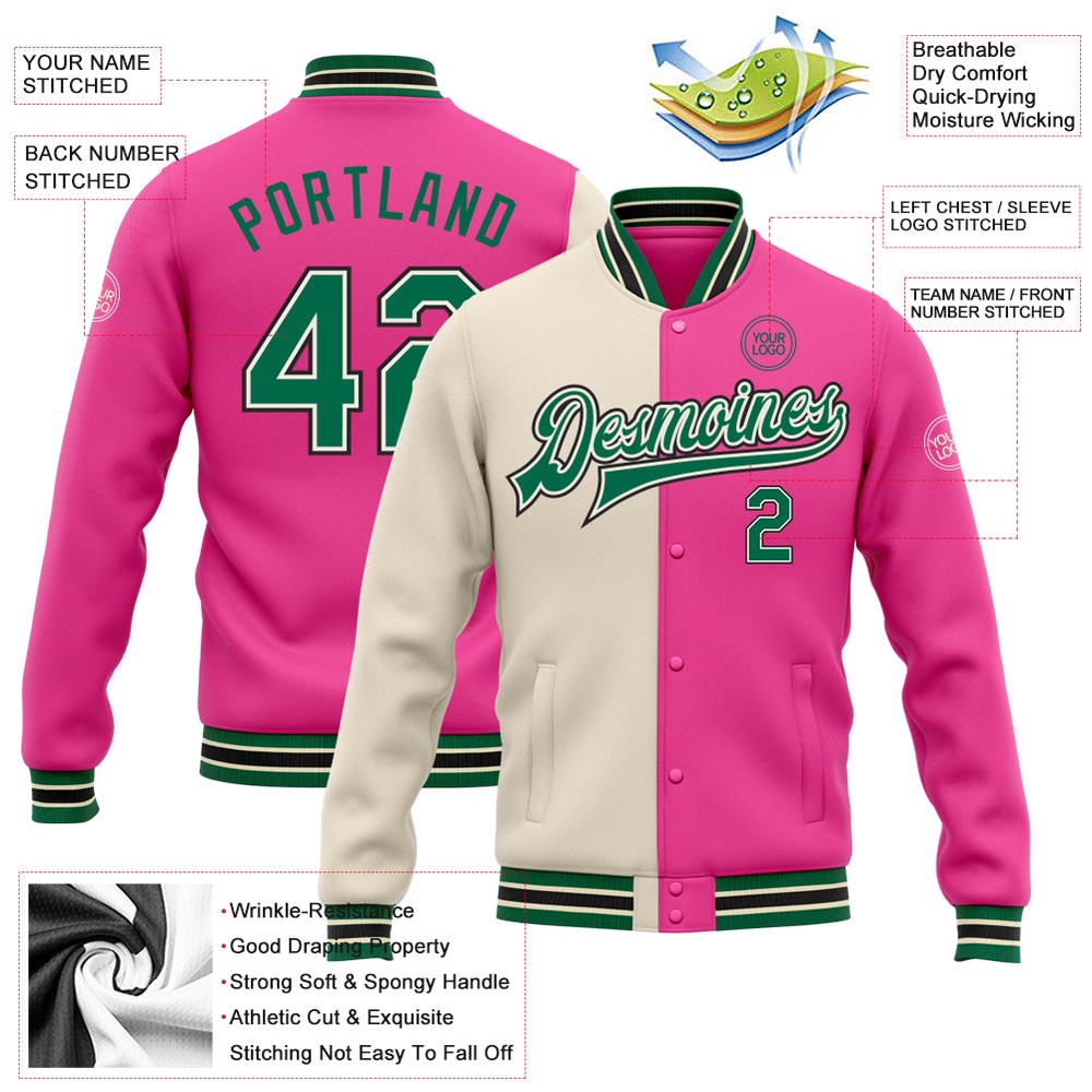 Custom Pink Kelly Green Cream Black Bomber Full Snap Varsity Letterman Split Fashion Jacket, Custom Team Jacket