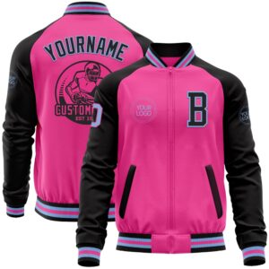 Custom Pink Light Blue Black Bomber Varsity&hellip;