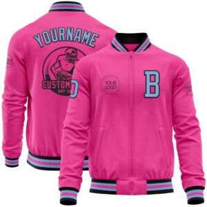 Custom Pink Light Blue Black Bomber Varsity&hellip;