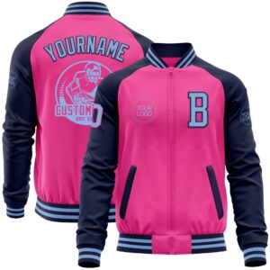 Custom Pink Light Blue Navy Bomber Varsity&hellip;