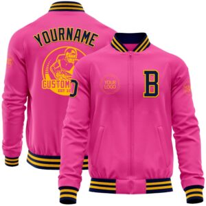 Custom Pink Navy Gold Bomber Varsity Baseball&hellip;