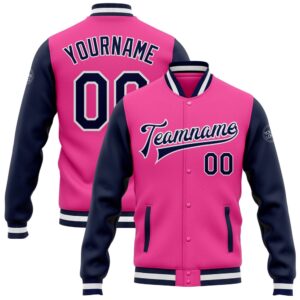 Custom Pink Navy White Bomber Full Snap&hellip;