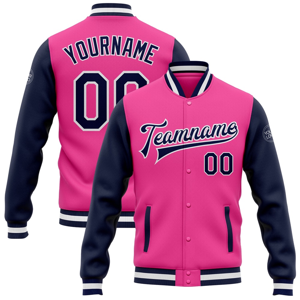 Custom Pink Navy White Bomber Full Snap Varsity Baseball Jacket, Custom Team Jacket