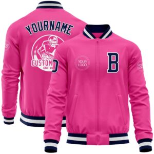 Custom Pink Navy White Bomber Varsity Baseball&hellip;