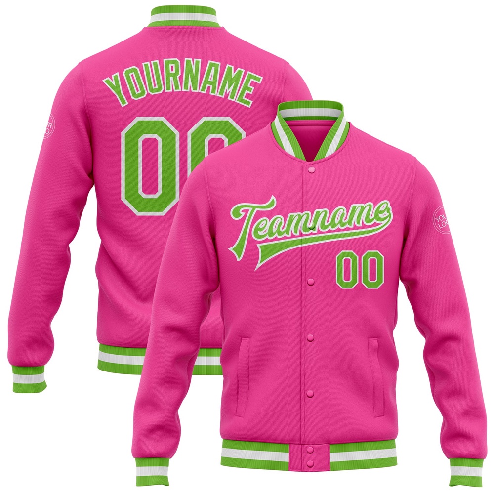 Custom Pink Neon Green White Bomber Full Snap Baseball Jacket, Custom Team Jacket