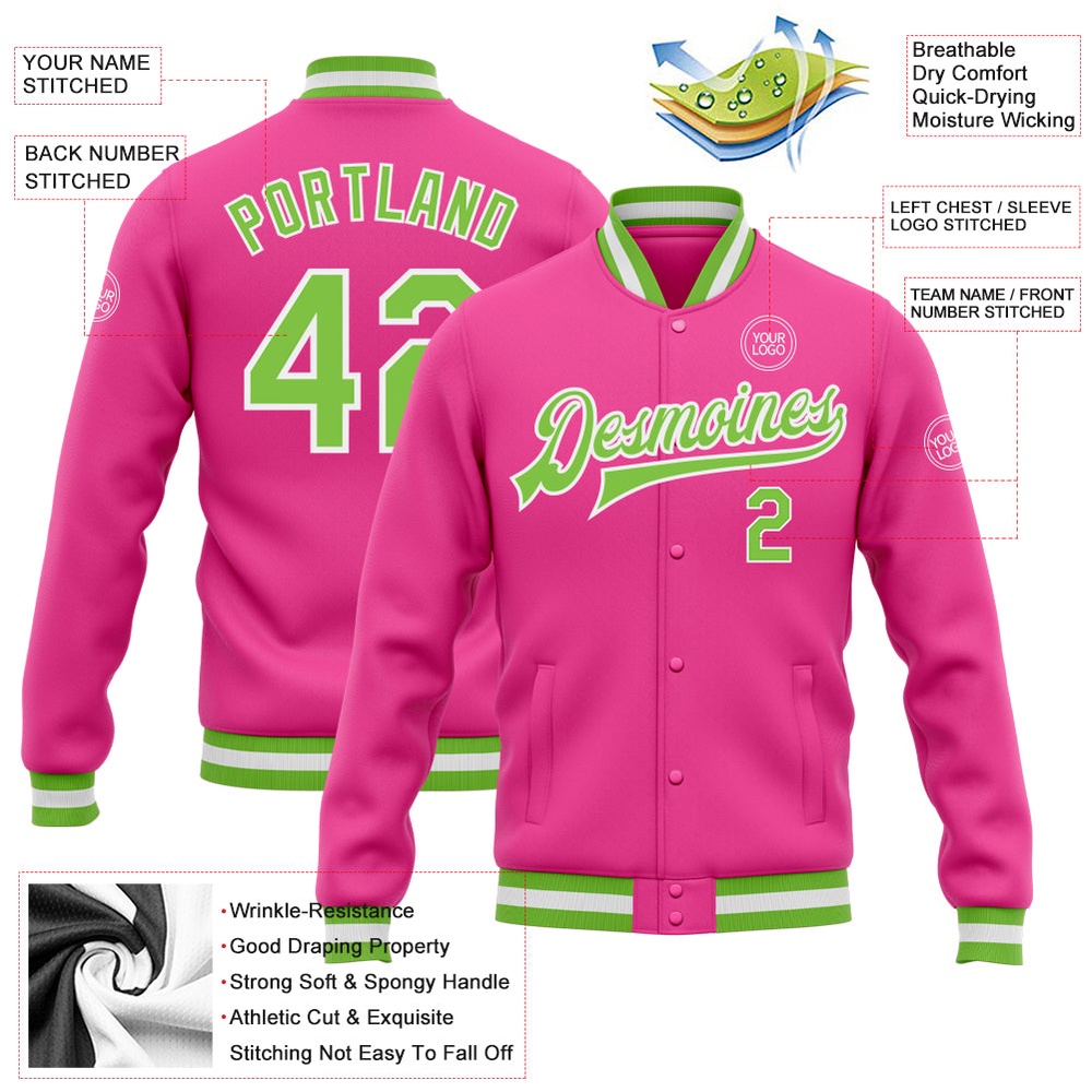 Custom Pink Neon Green White Bomber Full Snap Baseball Jacket, Custom Team Jacket