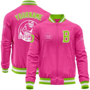 Custom Pink Neon Green White Bomber Varsity&hellip;