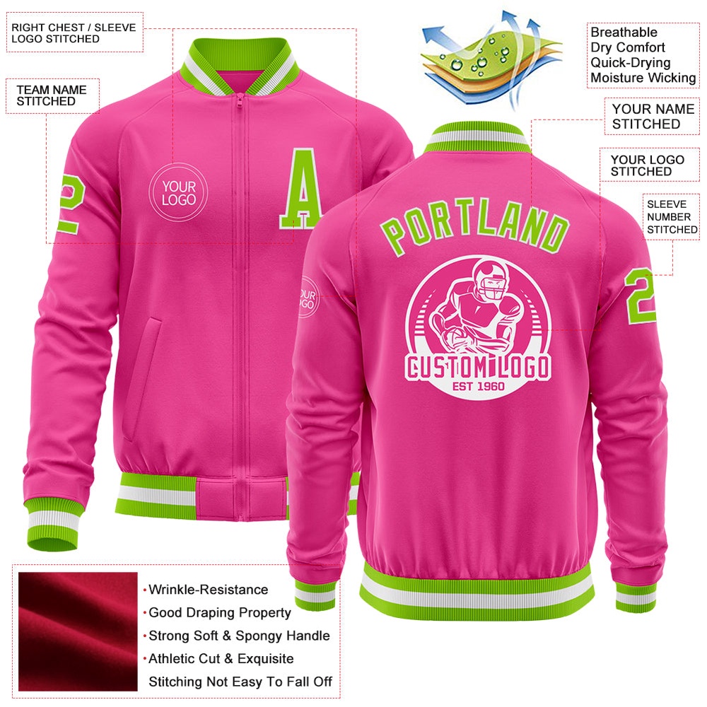 Custom Pink Neon Green White Bomber Varsity Baseball Jacket, Custom Team Jacket