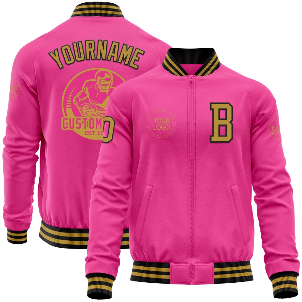 Custom Pink Old Gold Black Bomber Varsity Baseball Jacket, Custom Team Jacket