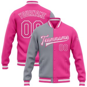 Custom Pink Pink Gray Bomber Full Snap&hellip;