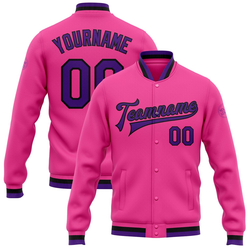 Custom Pink Purple Black Bomber Full Snap Baseball Jacket, Custom Team Jacket