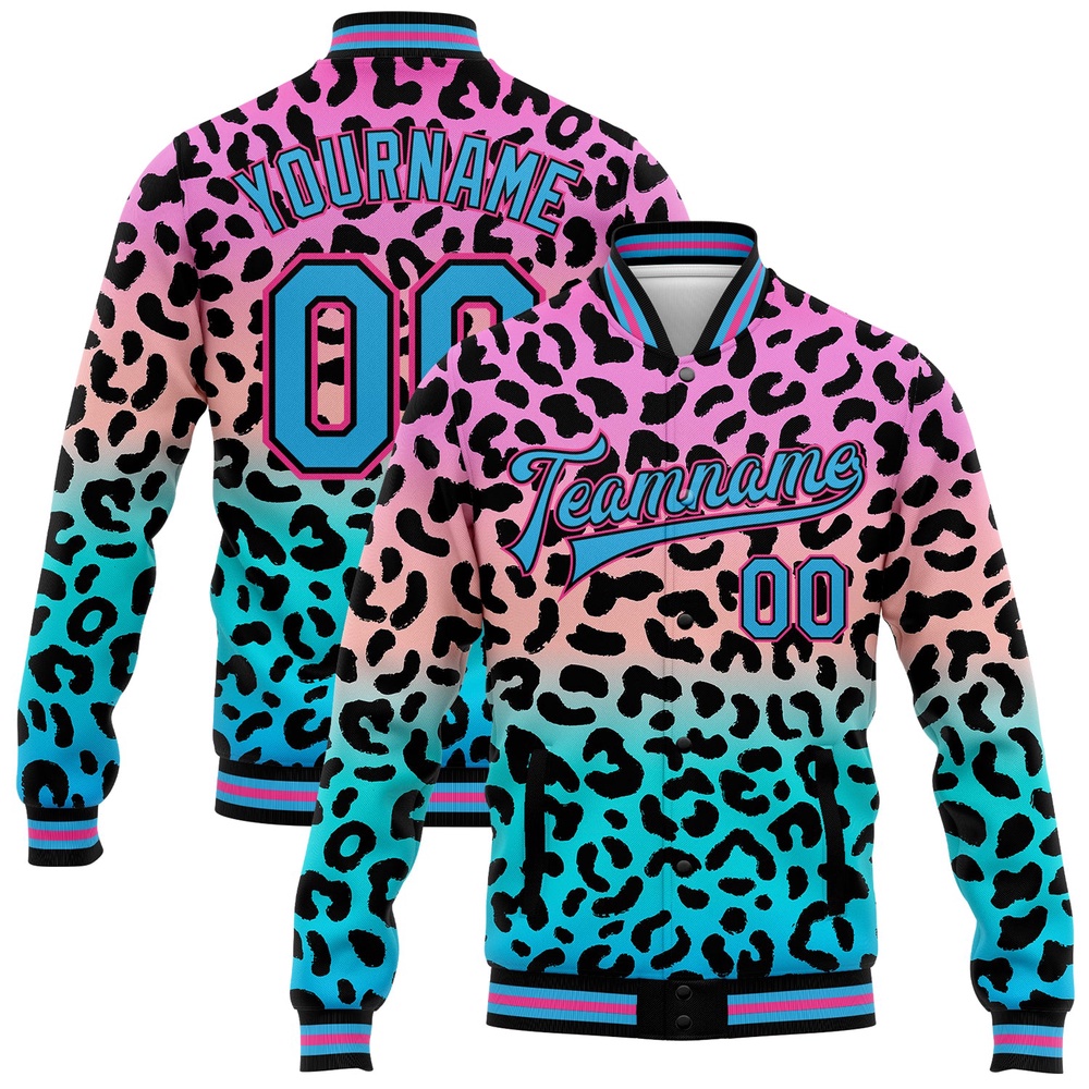 Custom Pink Sky Blue Black Leopard Print 3D Pattern Design Bomber Full Snap Baseball Jacket, Custom Team Jacket