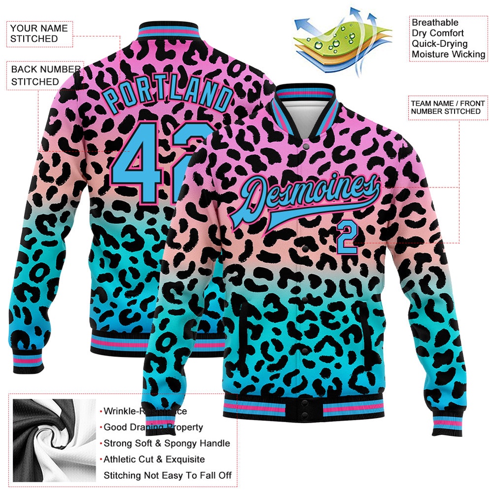 Custom Pink Sky Blue Black Leopard Print 3D Pattern Design Bomber Full Snap Baseball Jacket, Custom Team Jacket