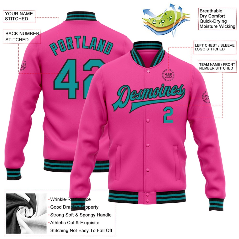 Custom Pink Teal Black Bomber Full Snap Baseball Jacket, Custom Team Jacket