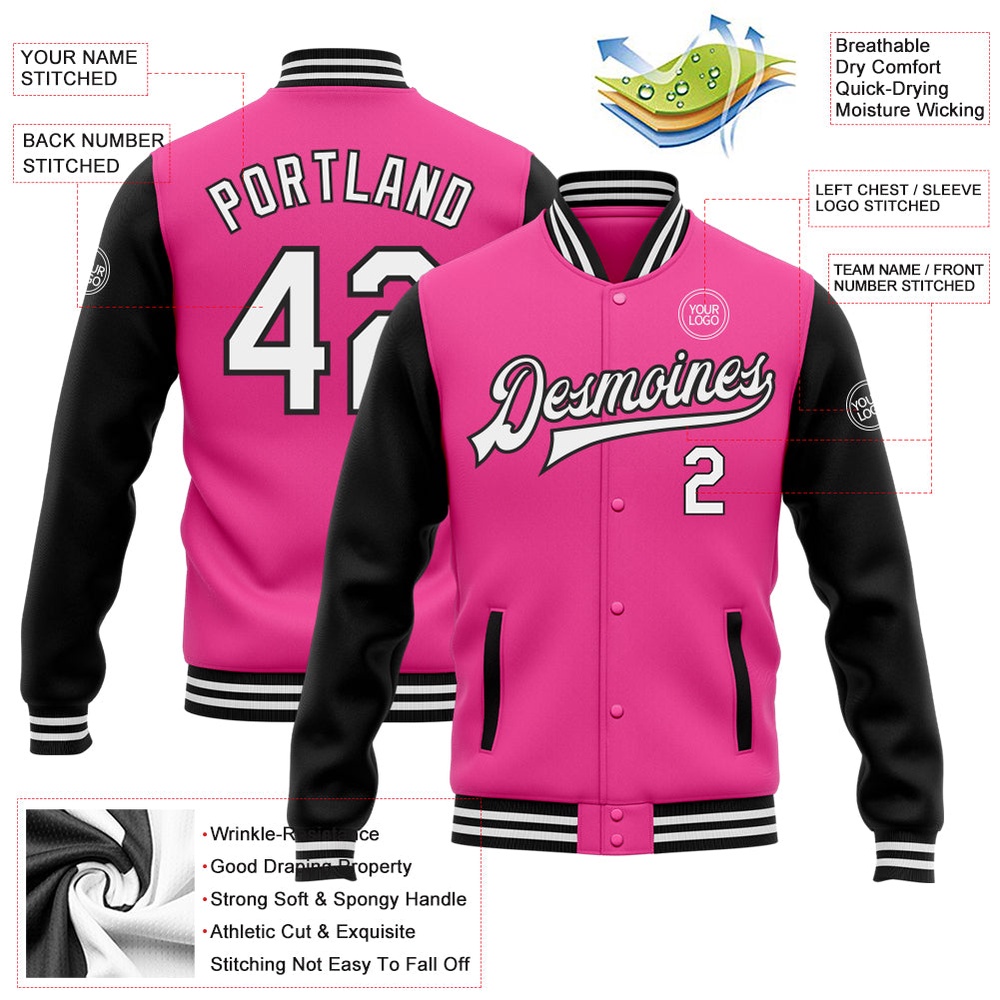 Custom Pink White Black Bomber Full Snap Varsity Baseball Jacket, Custom Team Jacket