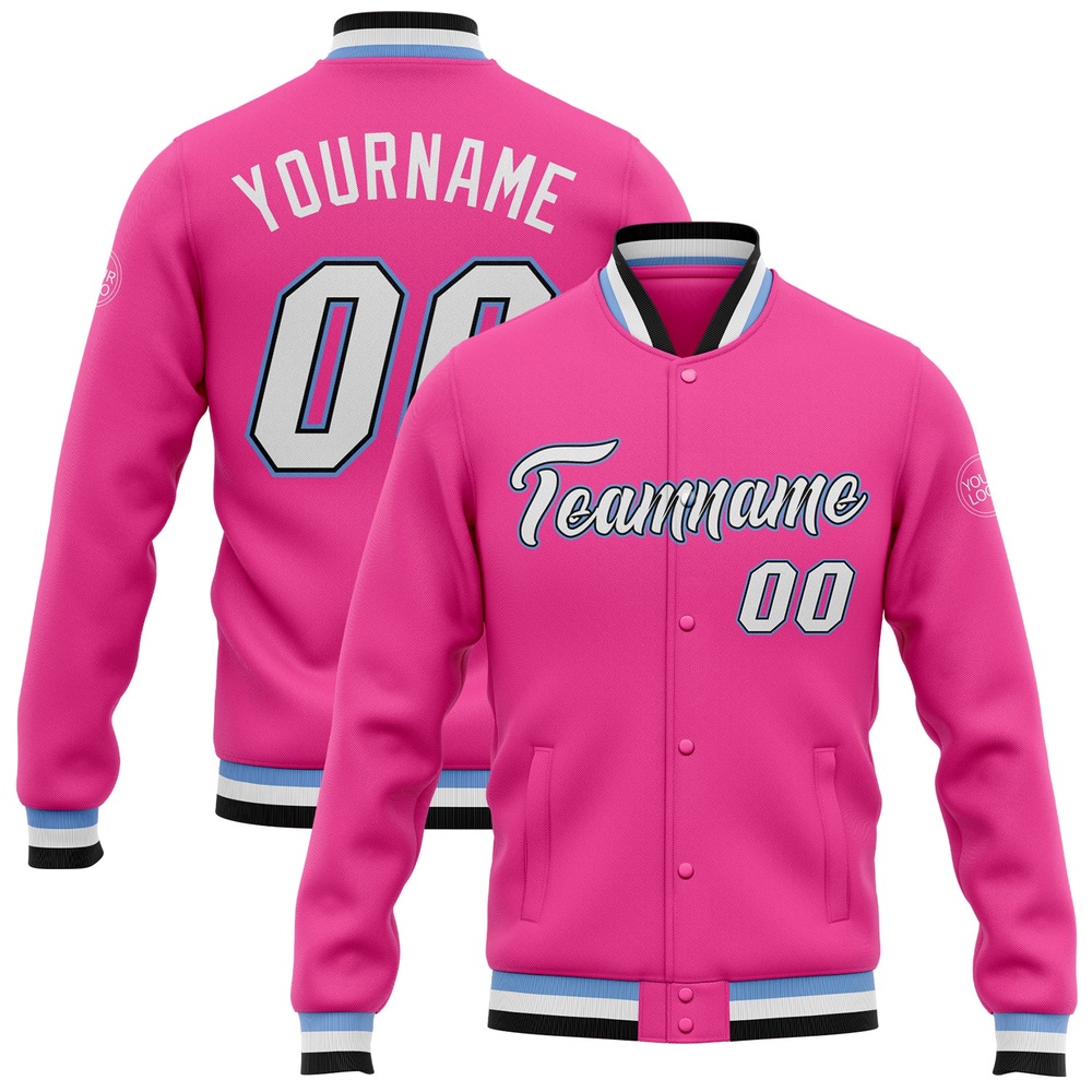 Custom Pink White Black Light Blue Bomber Full Snap Baseball Jacket, Custom Team Jacket