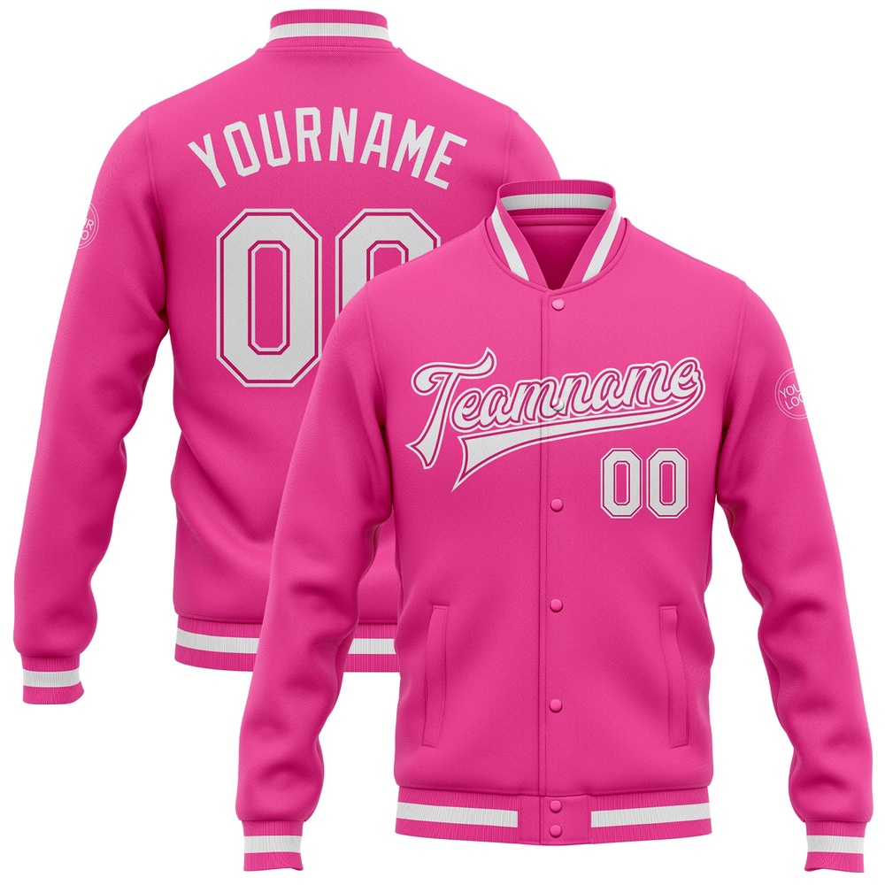 Custom Pink White Bomber Full Snap Baseball Jacket, Custom Team Jacket