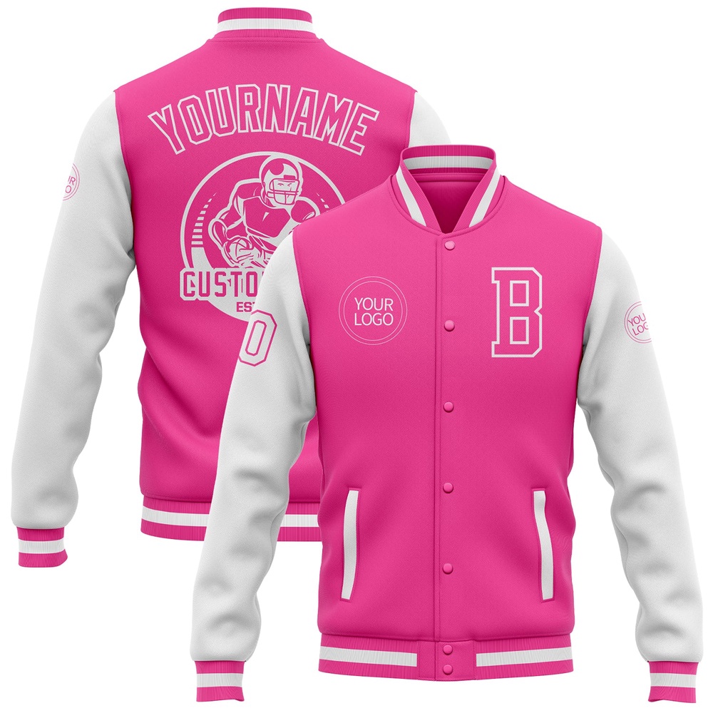 Custom Pink White Bomber Full Snap Varsity Baseball Jacket, Custom Team Jacket