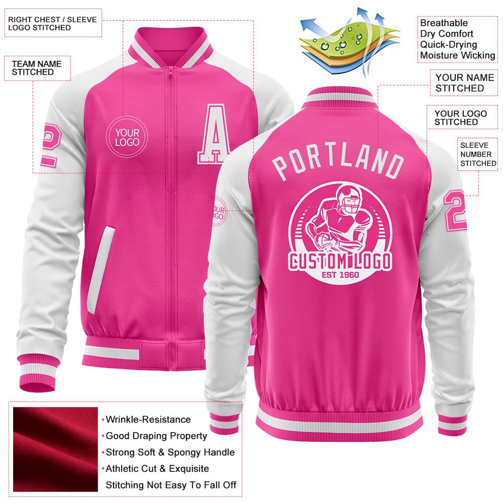 Custom Pink White Bomber Varsity Baseball Jacket, Custom Team Jacket