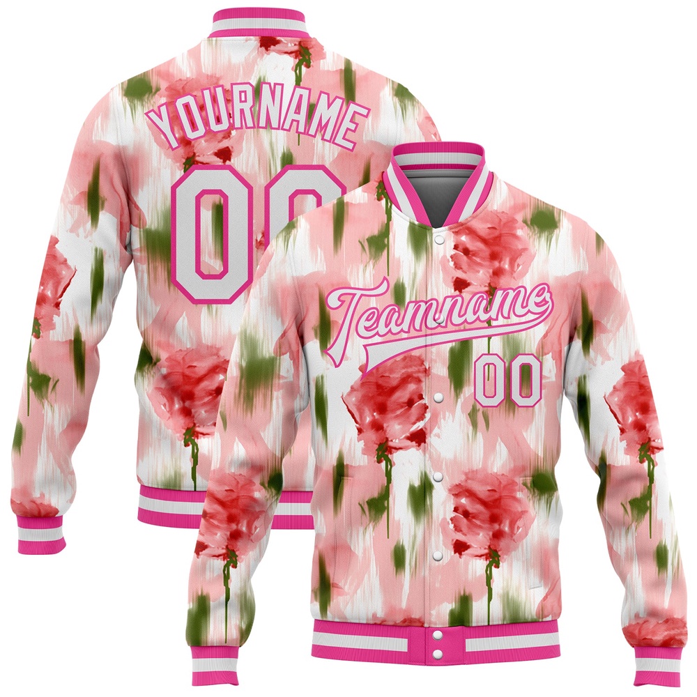 Custom Pink White Fuzzy Rose Art 3D Pattern Design Bomber Full Snap Baseball Jacket, Custom Team Jacket