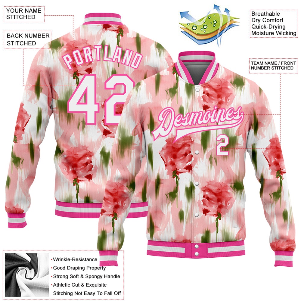 Custom Pink White Fuzzy Rose Art 3D Pattern Design Bomber Full Snap Baseball Jacket, Custom Team Jacket