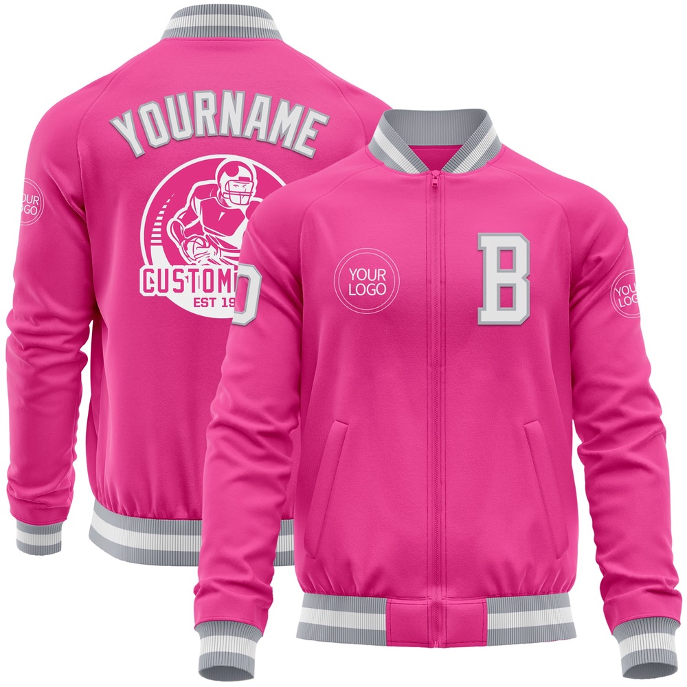 Custom Pink White Gray Bomber Varsity Letterman Zipper Jacket, Custom Team Jacket