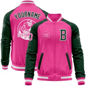 Custom Pink White Green Bomber Varsity Baseball&hellip;