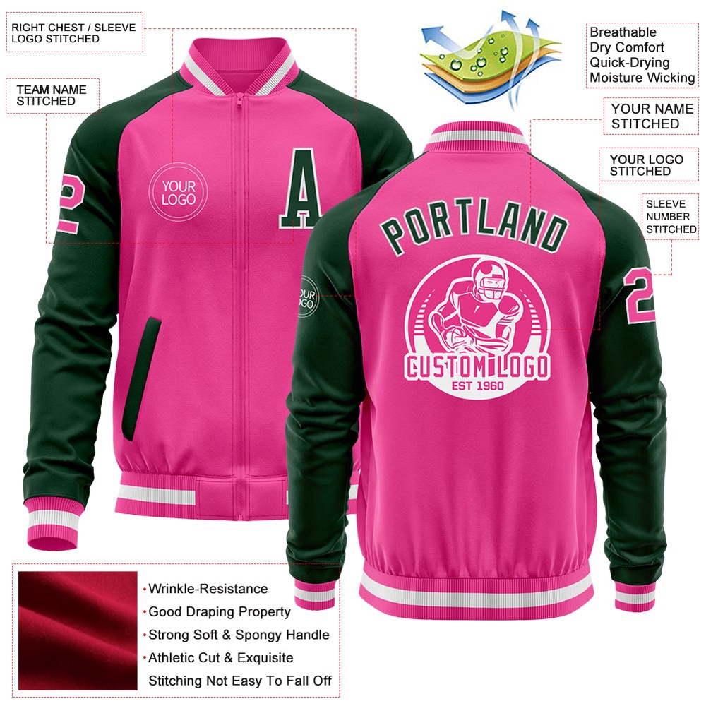Custom Pink White Green Bomber Varsity Baseball Jacket, Custom Team Jacket