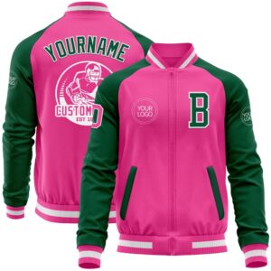 Custom Pink White Kelly Green Bomber Varsity&hellip;