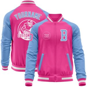 Custom Pink White Light Blue Bomber Varsity&hellip;