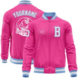 Custom Pink White Light Blue Bomber Varsity&hellip;