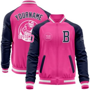 Custom Pink White Navy Bomber Varsity Baseball&hellip;