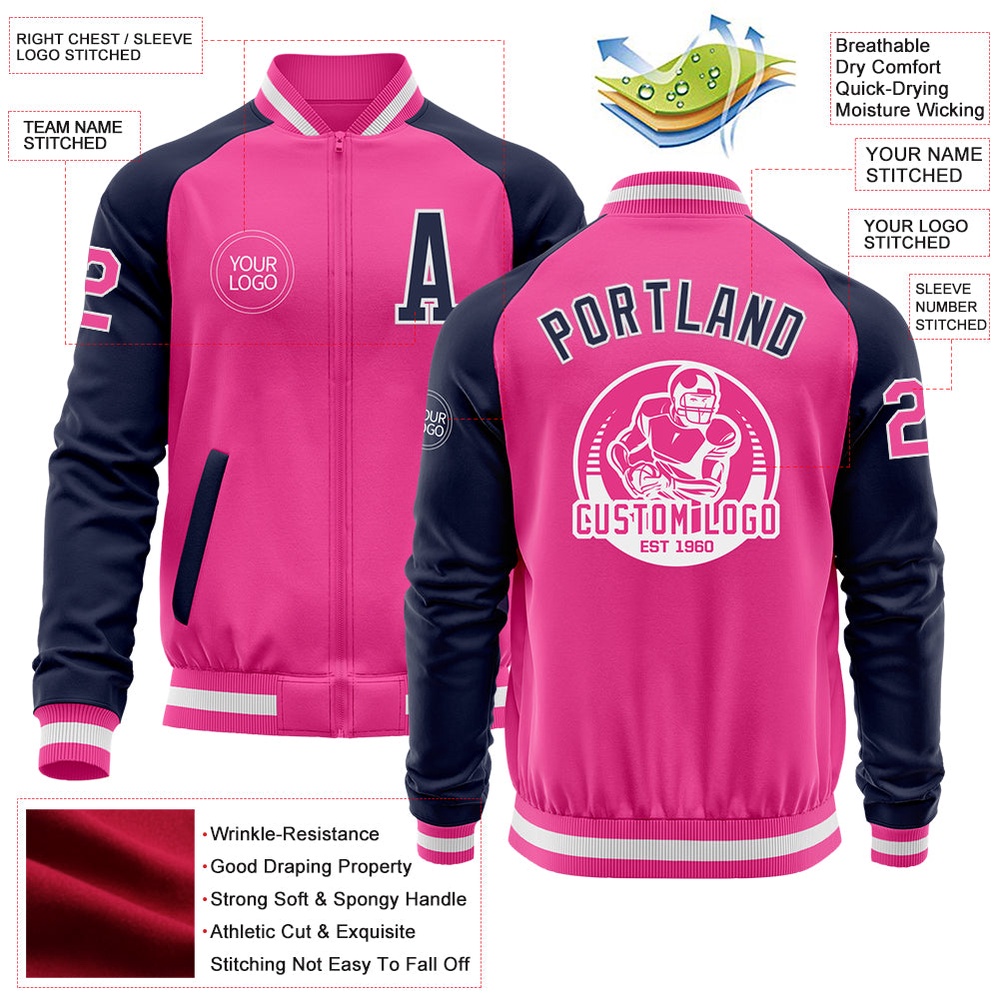 Custom Pink White Navy Bomber Varsity Baseball Jacket, Custom Team Jacket