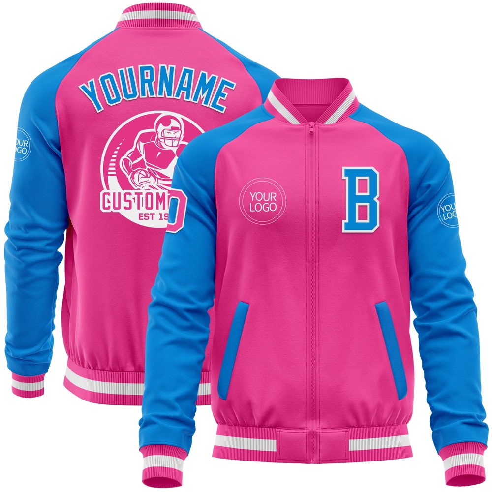 Custom Pink White Powder Blue Bomber Varsity Baseball Jacket, Custom Team Jacket