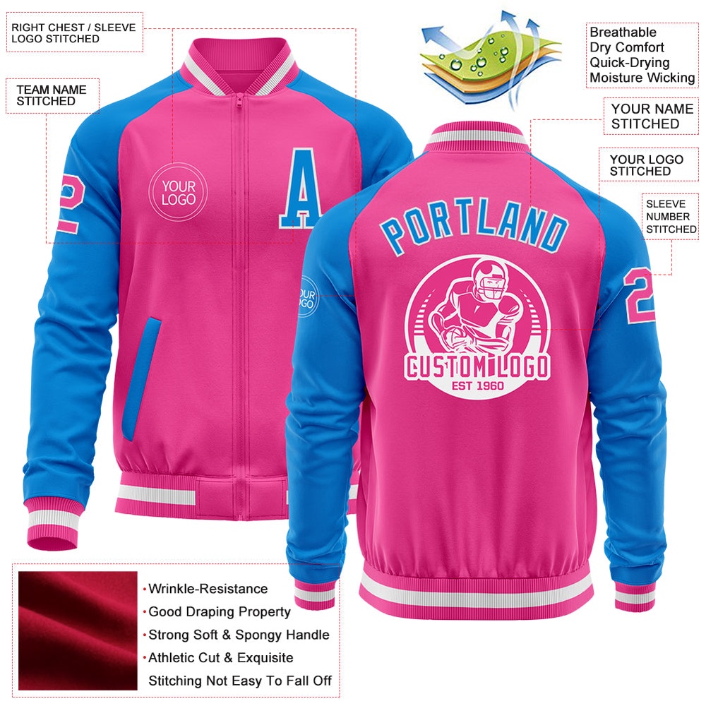 Custom Pink White Powder Blue Bomber Varsity Baseball Jacket, Custom Team Jacket