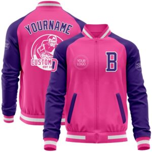 Custom Pink White Purple Bomber Varsity Baseball&hellip;