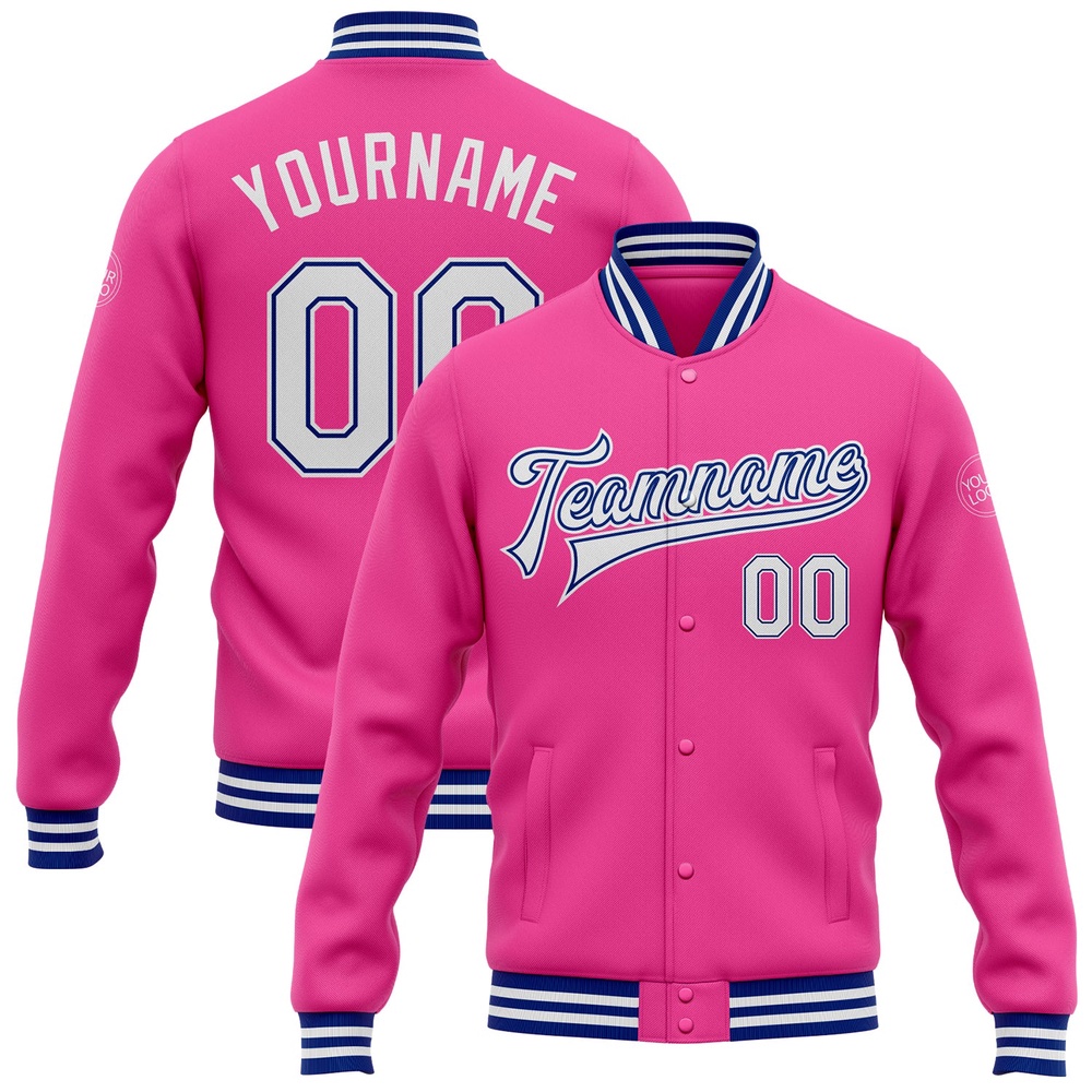 Custom Pink White Royal Bomber Full Snap Baseball Jacket, Custom Team Jacket