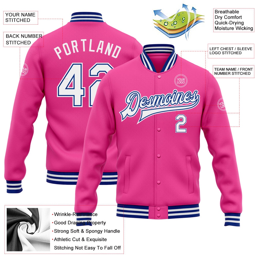 Custom Pink White Royal Bomber Full Snap Baseball Jacket, Custom Team Jacket