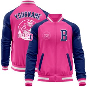 Custom Pink White Royal Bomber Varsity Baseball&hellip;