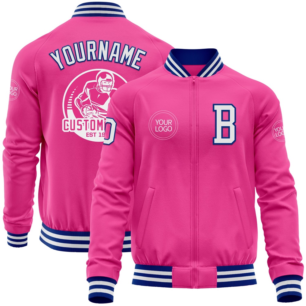 Custom Pink White Royal Bomber Varsity Letterman Zipper Jacket, Custom Team Jacket
