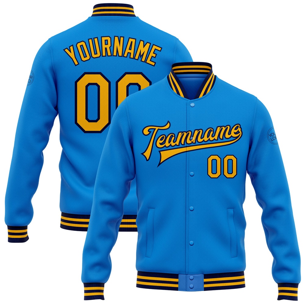 Custom Powder Blue Gold Navy Bomber Full Snap Baseball Jacket, Custom Team Jacket