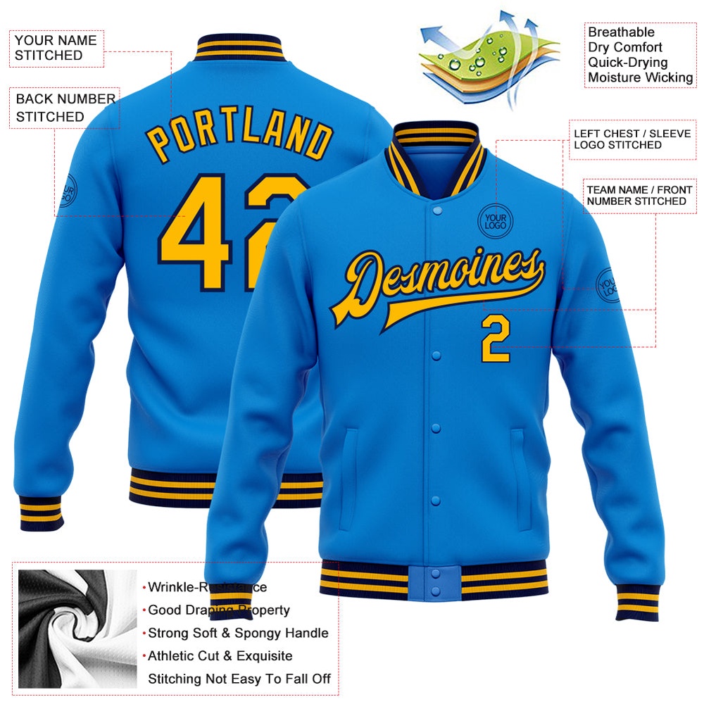 Custom Powder Blue Gold Navy Bomber Full Snap Baseball Jacket, Custom Team Jacket