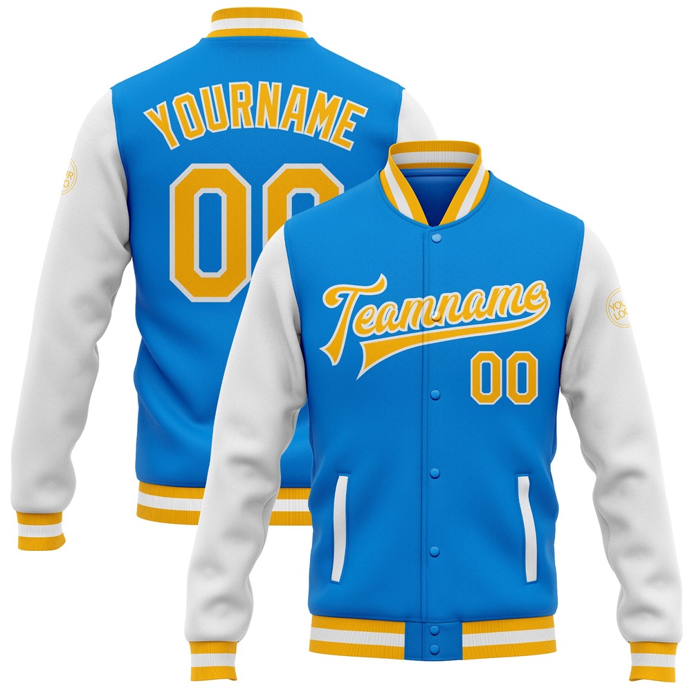 Custom Powder Blue Gold White Bomber Full Snap Varsity Baseball Jacket, Custom Team Jacket