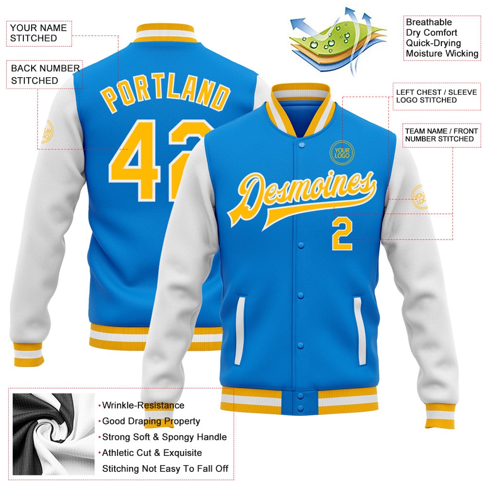 Custom Powder Blue Gold White Bomber Full Snap Varsity Baseball Jacket, Custom Team Jacket