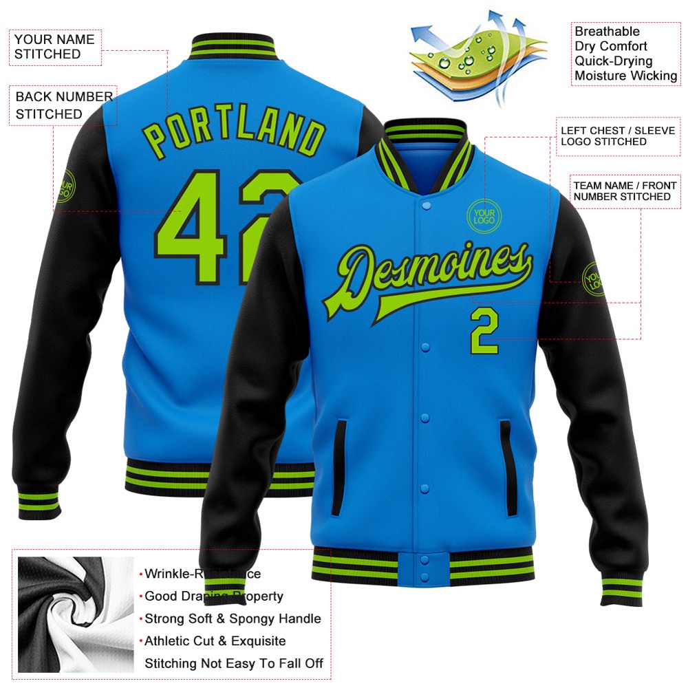 Custom Powder Blue Neon Green Black Bomber Full Snap Varsity Baseball Jacket, Custom Team Jacket