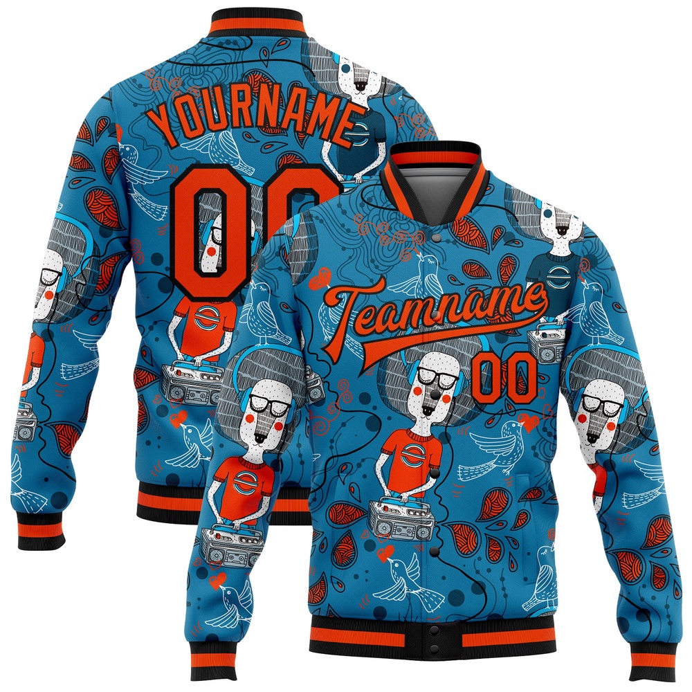 Custom Powder Blue Orange Black Casual Music Festival 3D Pattern Design Bomber Full Snap Baseball Jacket, Custom Team Jacket