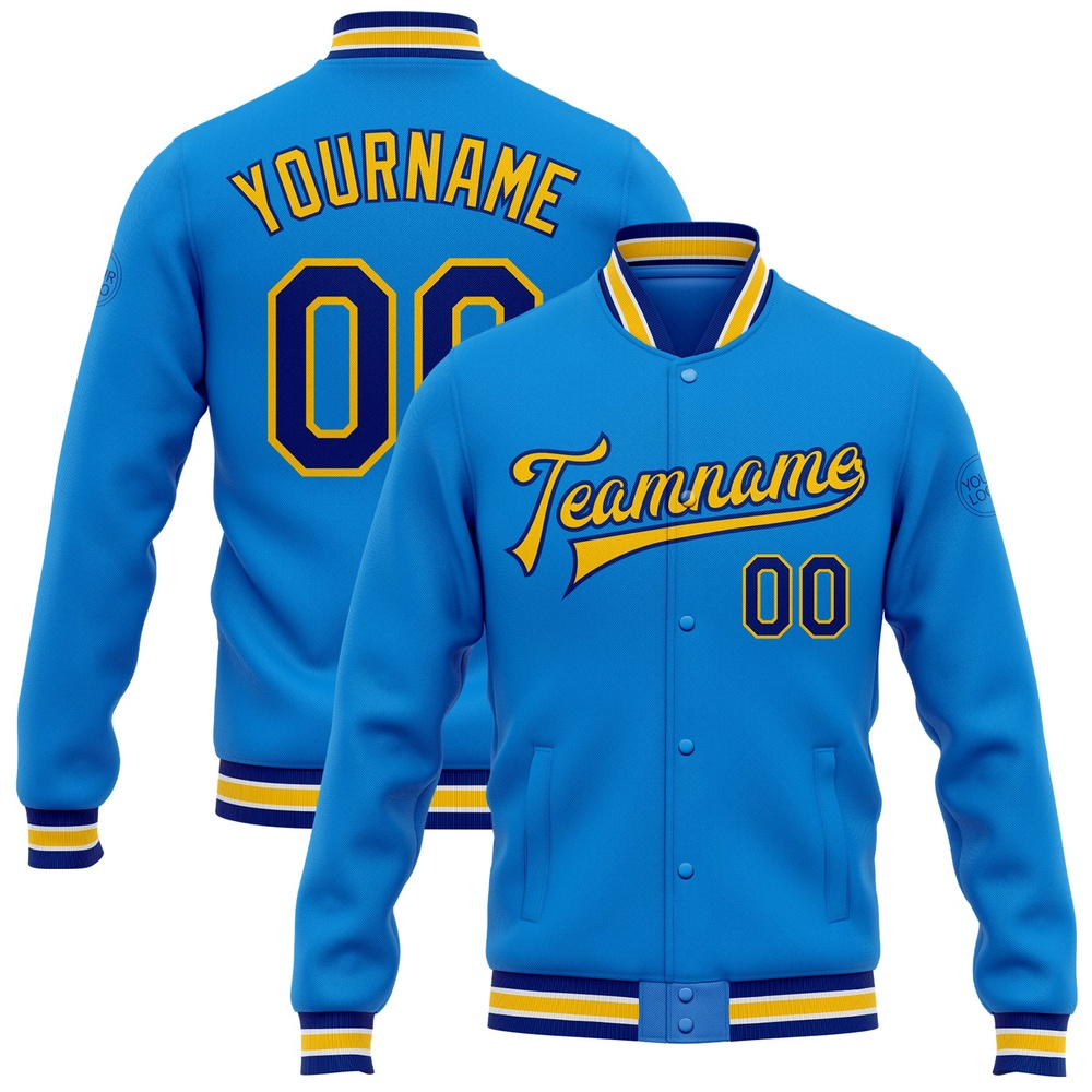 Custom Powder Blue Royal Yellow Bomber Full Snap Baseball Jacket, Custom Team Jacket