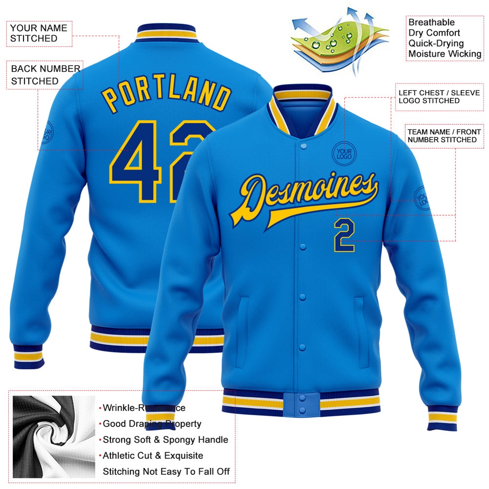 Custom Powder Blue Royal Yellow Bomber Full Snap Baseball Jacket, Custom Team Jacket