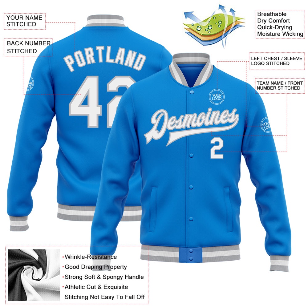 Custom Powder Blue White Gray Bomber Full Snap Baseball Jacket, Custom Team Jacket